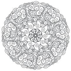 Zentangle mandala coloring book page. Zendoodle line art black and white outline illustration. 