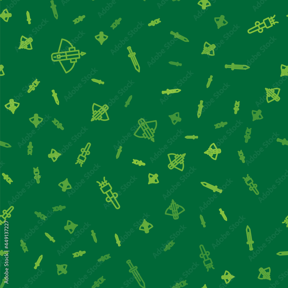 Poster set line battle crossbow with arrow, torch flame and medieval sword on seamless pattern. vector