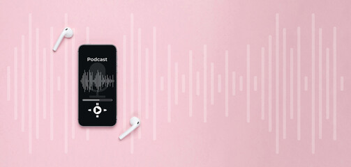 Podcast music. Mobile smartphone screen with podcast application, sound headphones. Audio voice with radio microphone on pink background. Broadcast media music banner with copy space. - obrazy, fototapety, plakaty