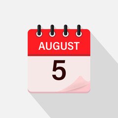 Fototapeta premium August 5, Calendar icon with shadow. Day, month. Flat vector illustration.