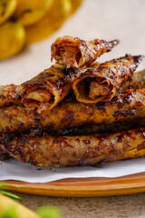 Piscok or banana chocolate is  traditional snacks from Indonesia. made of fried banana wrapped in spring roll skin.