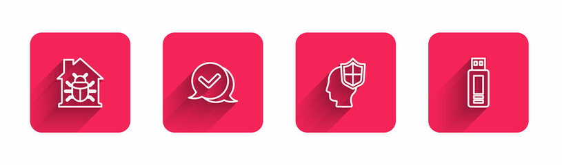 Set line House system bug, Check mark in speech bubble, Head with shield and USB flash drive with long shadow. Red square button. Vector