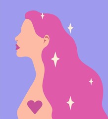 Self-care and body-positive concept. A girl with long purple hair and purple lips in profile. The silhouette of a woman with a heart on her chest. Minimalistic vector illustration on a blue background