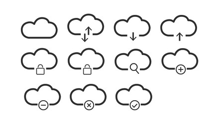 Digital Cloud Icon Set. Vector isolated black and white editable illustration of computing cloud icons