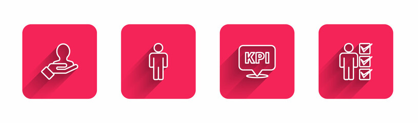 Set line Hand for search a people, User of man, Key performance indicator and business suit with long shadow. Red square button. Vector