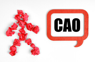 On a white background, a red paper man and a sign with the inscription - CAO