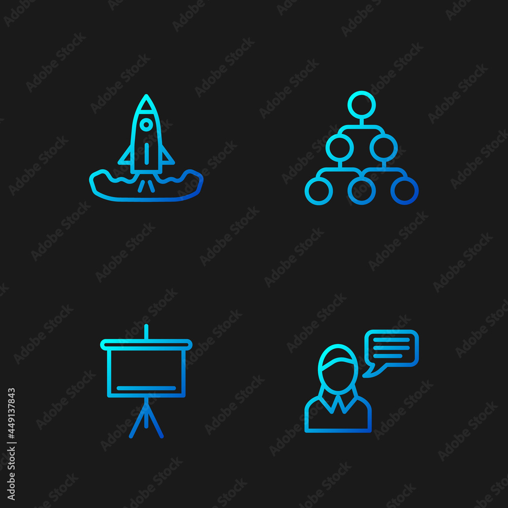 Poster Set line Speech bubble chat, Chalkboard, Rocket and Hierarchy organogram chart. Gradient color icons. Vector