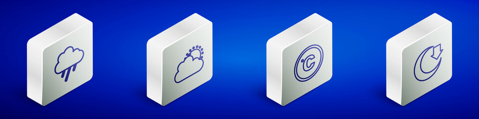 Set Isometric line Cloud with rain, Sun and cloud weather, Celsius and Moon icon. Vector