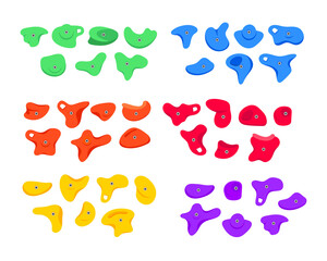 Set of climbing grips or holds in the gym bouldering training flat style design vector illustration set. Holds for the rock climbing walls. Crimps, jugs, pinches, slopers elements icon signs.