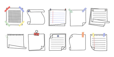 Doodle hand drawn memo notes and reminders vector illustration set. Simple drawing doodle style sketches of square paper sheets with curved corners cute diary design with clip, pins and duct tape.