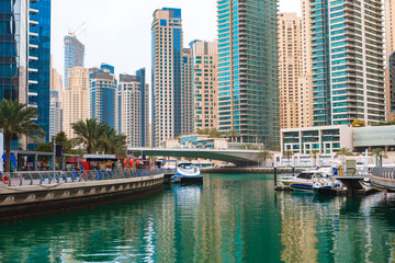 Dubai Marina skyscrapers and port in Dubai, United Arab Emirates