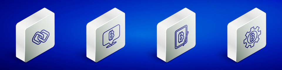 Set Isometric line Chain link, Bitcoin, Mining bitcoin from tablet and Cryptocurrency icon. Vector