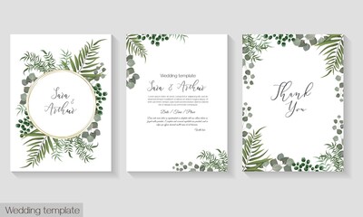 Fototapeta na wymiar Vector herbal wedding invitation template. Different herbs, green plants and leaves, unripe berries, round gold frame. All elements can be isolated. 