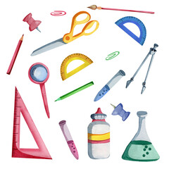 Set of back to school watercolor clipart elements isolated on white background