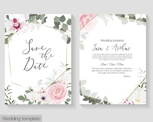 Vector floral template for wedding invitations. Pink roses, white orchids, berries, gypsophila, eucalyptus, green plants and flowers. Postcard for your text.