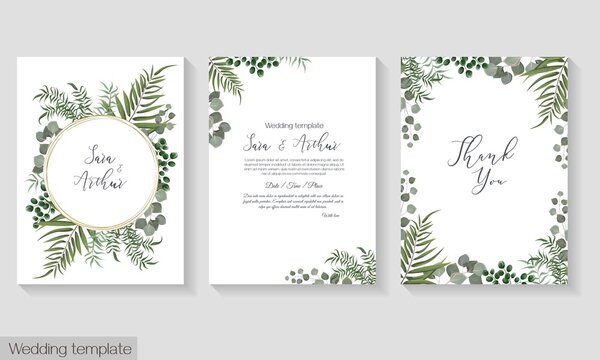 Vector herbal wedding invitation template. Different herbs, green plants and leaves, unripe berries, round gold frame. All elements can be isolated. 