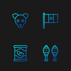 Set line Maracas, Beans in can, Dog and Mexico flag. Gradient color icons. Vector