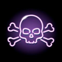 Neon skull and crossbones icon isolated on black background. Piracy, danger, death, Halloween concept. Night signboard style. Vector 10 EPS illustration.