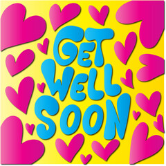 Get Well Soon Hand Lettered Calligraphy On Yellow Background With Heart doodle.  Lettering For Invitation, greeting Card, Prints and Posters. Hand Drawn Inscription, Calligraphic Design.