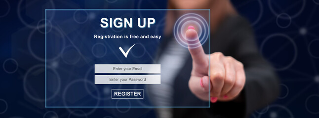 Woman touching a signup concept