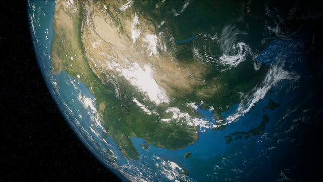 Earth in Space. Photorealistic 3D Render of the World, with views of Japan and Asia. Climate Concept.