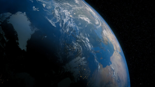 Earth in Space. Photorealistic 3D Render of the Planet, with views of Norway and Europe. Global Concept.