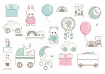 Newborn essentials collection. Invitations, cards, nursery decor