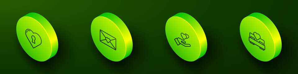 Set Isometric line Heart with keyhole, Envelope Valentine heart, hand and Bedroom icon. Vector
