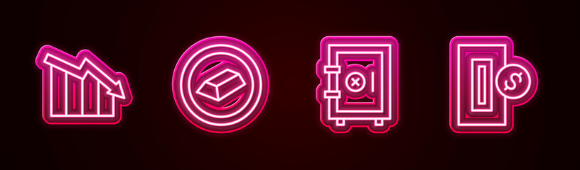 Set line Financial growth decrease, Gold bars, Safe and Inserting coin. Glowing neon icon. Vector