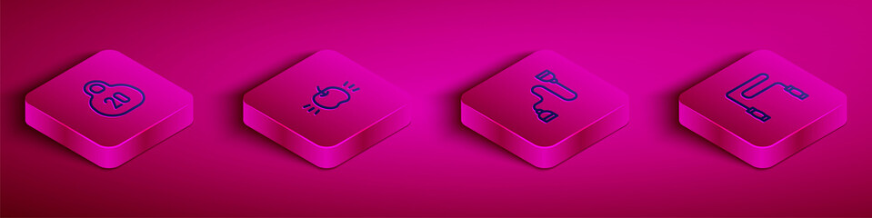 Set Isometric line Kettlebell, Apple, Chest expander and Jump rope icon. Vector