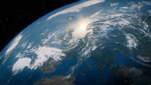 Earth in Space. Photorealistic 3D Render of the Globe, with views of UK and Europe. Climate Concept.