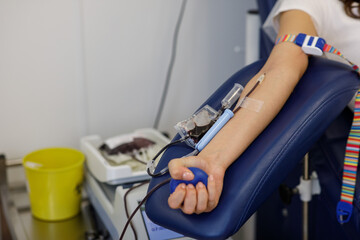 blood donor, gives blood in the laboratory