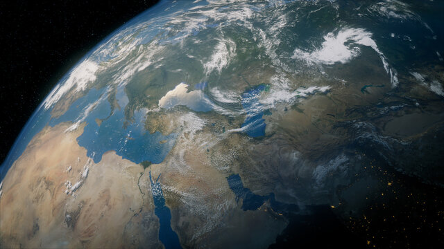 Earth in Space. Photorealistic 3D Render of the World, with views of Turkey and Middle East. Environment Concept.