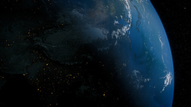 Earth in Space. Photorealistic 3D Render of the Globe, with views of China and Asia. Environment Concept.