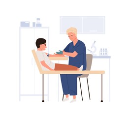 Doctor collecting and drawing venous blood from child vein for lab test. Nurse doing intravenous sampling from kid for medical health analysis. Flat vector illustration isolated on white background - obrazy, fototapety, plakaty