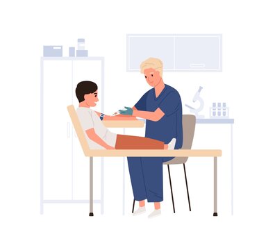 Doctor collecting and drawing venous blood from child vein for lab test. Nurse doing intravenous sampling from kid for medical health analysis. Flat vector illustration isolated on white background