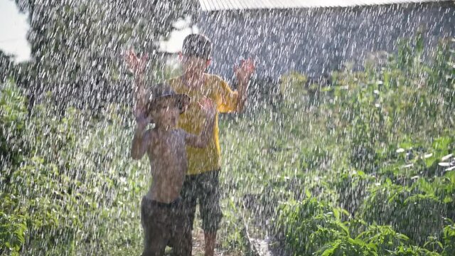 happy little brothers have fun under the spray of water from a hose while watering a vegetable garden in the countryside on summer vacation