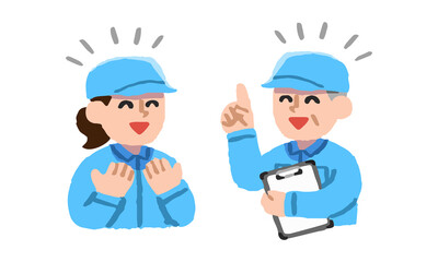 男性上司から仕事について説明を受ける作業着姿の女性（手描きカラー）