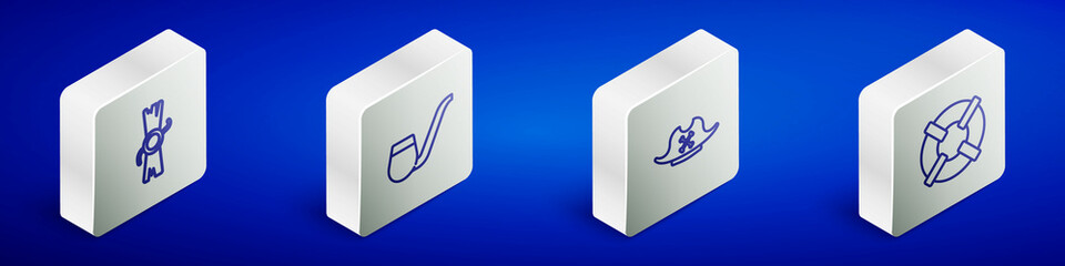 Set Isometric line Decree, parchment, scroll, Smoking pipe, Pirate hat and Lifebuoy icon. Vector