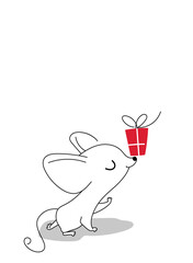 Mouse with a gift on the nose, greeting card for your design, vector illustration 10eps
