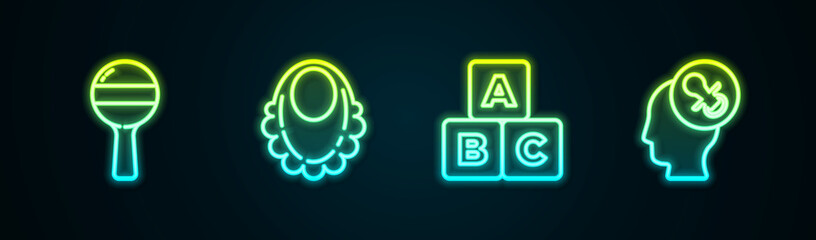 Set line Rattle baby toy, Baby bib, ABC blocks and dummy pacifier. Glowing neon icon. Vector