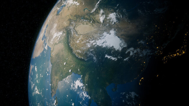 Earth in Space. Photorealistic 3D Render of the Planet, with views of China and Asia. Environment Concept.