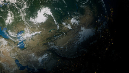 Earth in Space. Photorealistic 3D Render of the World, with views of China and Asia. Environment Concept.