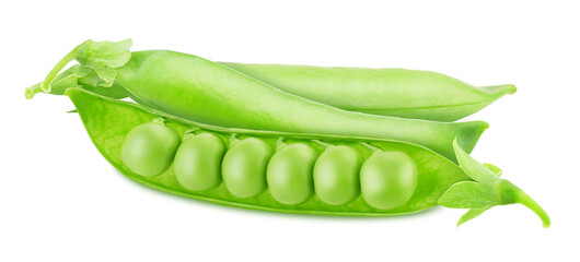 Closeup of green pea pods with beans isolated on a white background.