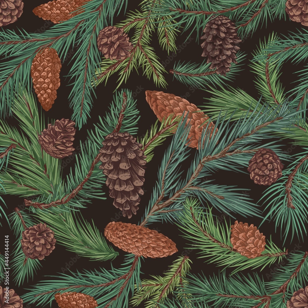 Poster Seamless coniferous pattern with fir and spruce tree branches and cones on black background. Repeatable conifer texture in vintage style. Endless botanical backdrop. Colored drawn vector illustration