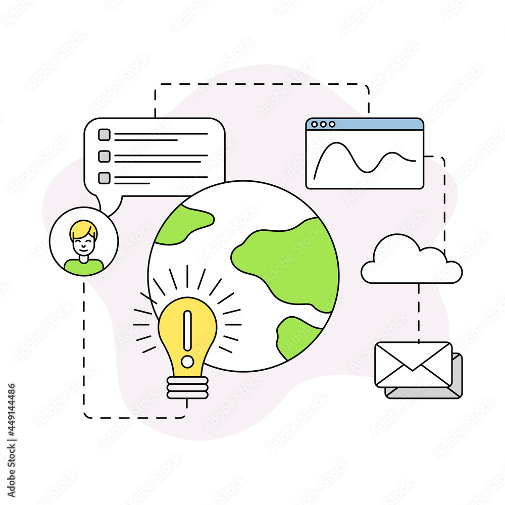 Poster business and start-up development with light bulb and globe vector line composition