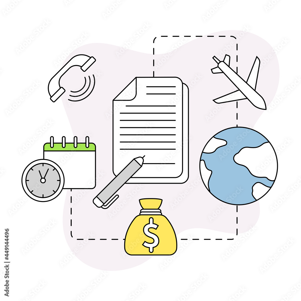 Poster business and start-up development with globe and documents vector line composition