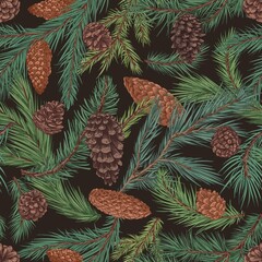 Fototapeta premium Seamless coniferous pattern with fir and spruce tree branches and cones on black background. Repeatable conifer texture in vintage style. Endless botanical backdrop. Colored drawn vector illustration