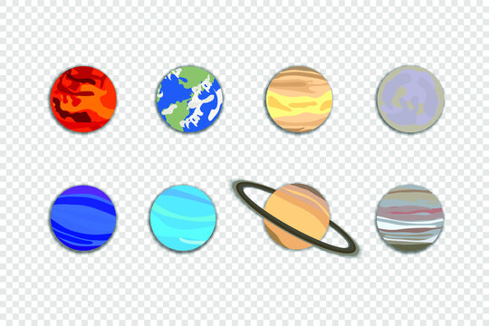 Vector Planets, Flat Cartoon Objects with Shadows Isolated on Light Transparent Background, Solar System Planets.
