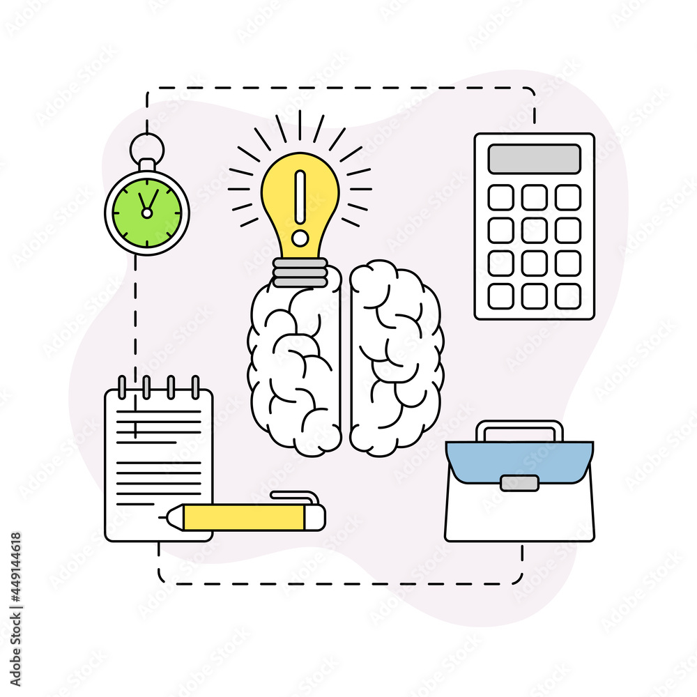 Poster business and start-up development with brain and light bulb vector line composition